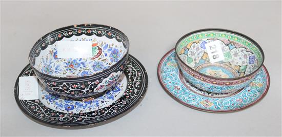 An inlaid tribal club / stick and Persian enamelled wares